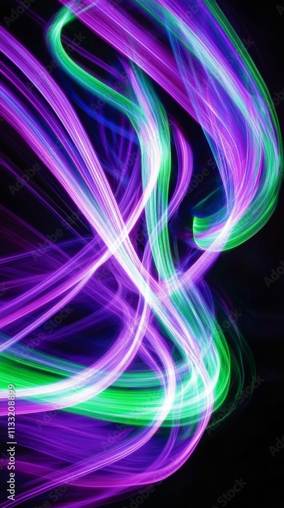 Poster dynamic and colorful neon light trails in purple and green hues create an energetic abstract pattern