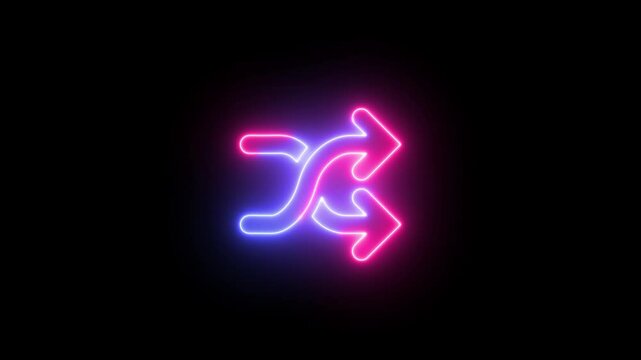 Glowing neon line Arrow shuffle, player Shuffle icon animation on black background.