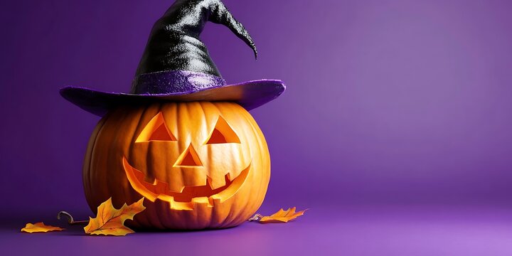 Halloween pumpkin in a black witch hat on orange background with copy space, Generative Ai