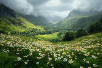 Scenic landscape showcasing a field of daisies in full bloom, with green hills and majestic mountains in the background under a cloudy sky