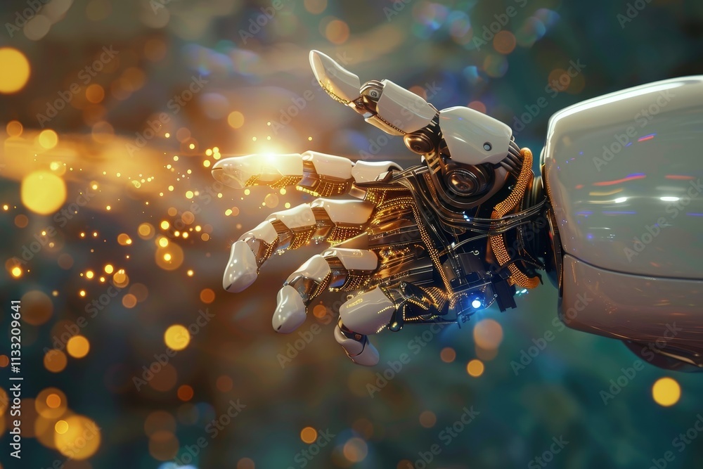 Poster a robotic hand delicately grasps a luminous object, illuminating the surrounding space with its glow