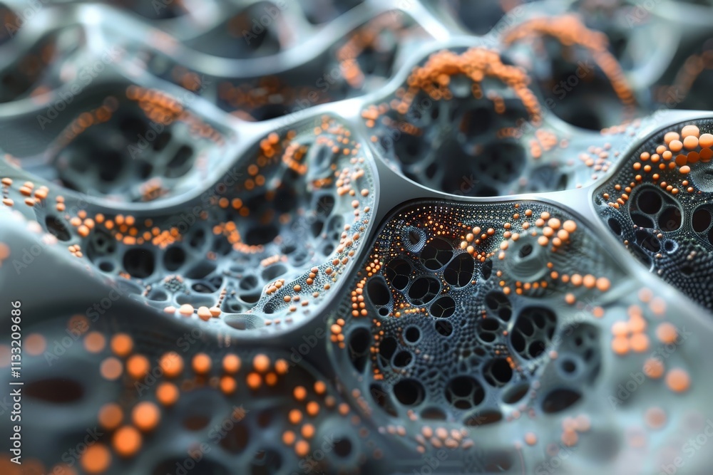 Poster the image depicts a cell membrane's surface adorned with numerous tiny dots, illustrating its intric
