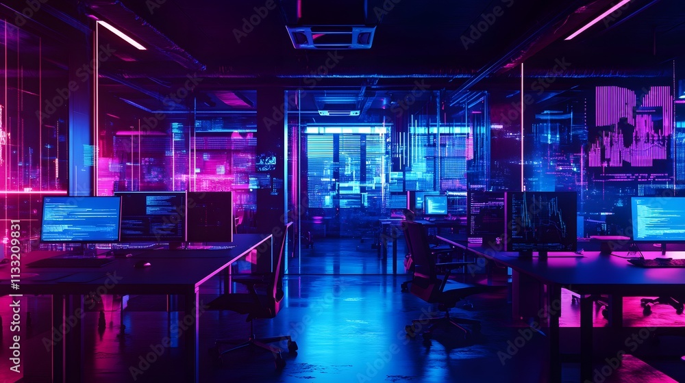 Poster neon lit modern tech office workspace with computers