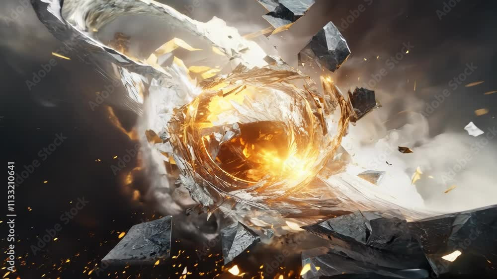 Poster abstract explosion in space with rocks and stones burst in flame, sci-fi and technology background