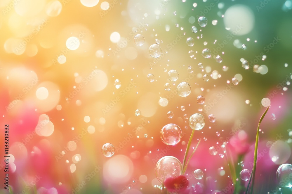 Poster beautiful soap bubbles floating over a colorful flower field with bokeh during a vibrant sunset