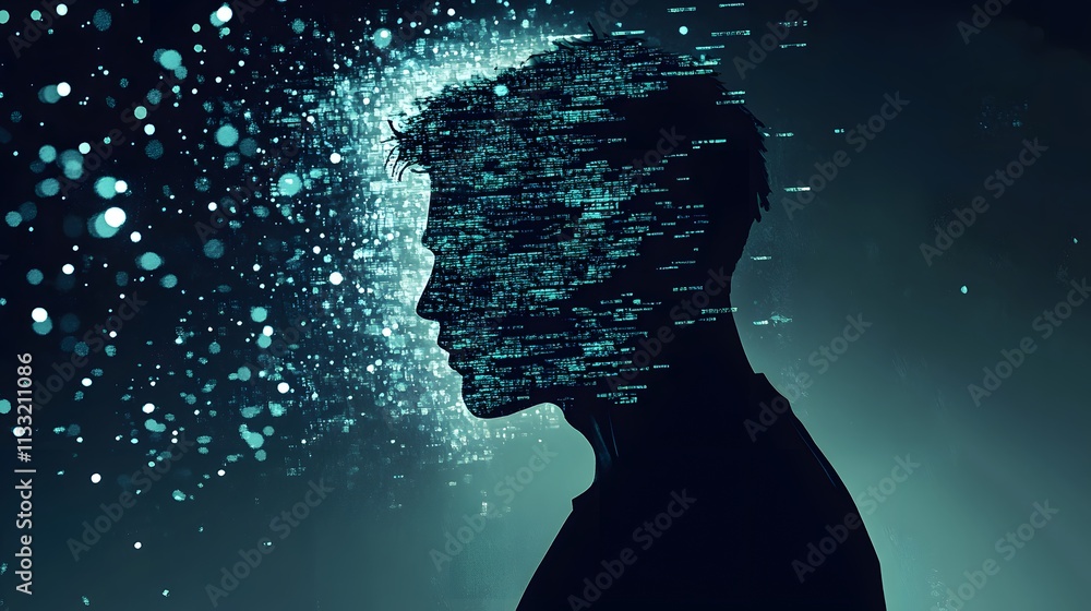 Poster Abstract profile silhouette of a person with data particles and digital code overlay, representing technology, data, and the human mind interconnected in a futuristic concept