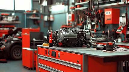 Fototapeta premium Auto Repair Shop. Engine on Workbench