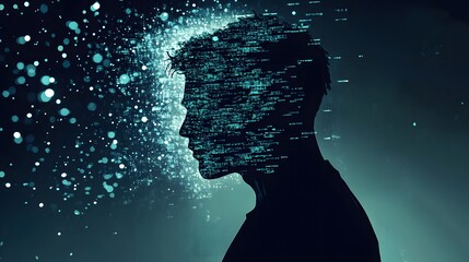 Abstract profile silhouette of a person with data particles and digital code overlay, representing technology, data, and the human mind interconnected in a futuristic concept