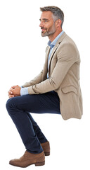 An Isolated sitting handsome middle aged man wearing blue chino trousers and a beige jacket, cutout on transparent background, ready for architectural visualisation. png