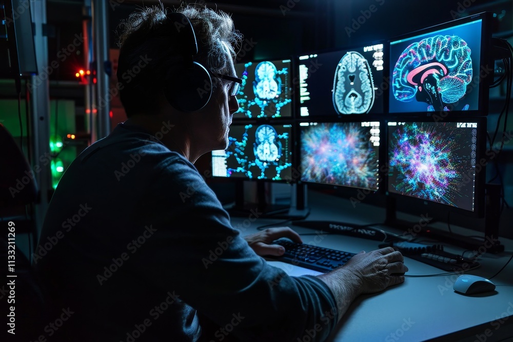 Poster a man wearing headphones is intently observing multiple computer screens in a focused workspace. neu