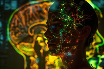 A woman with illuminated brain images above her head, symbolizing intelligence and creativity. Neuron-focused brain scanning technology .