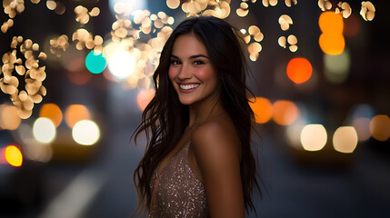 beautiful smiling woman wearing a fashionable outfit walking the busy city streets with bokeh lighting in the background