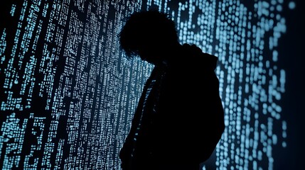 Silhouette of a Person Against a Futuristic Background with Glowing Binary Code Representing Technology, Cybersecurity, and Digital Transformation Themes