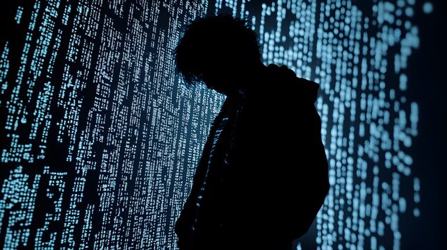 Silhouette of a Person Against a Futuristic Background with Glowing Binary Code Representing Technology, Cybersecurity, and Digital Transformation Themes