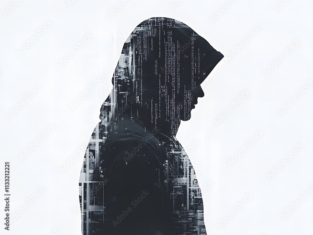 Aufkleber Silhouette of a Mysterious Figure in a Hood with Abstract Digital Code and Lines Overlaid, Representing Themes of Technology, Cybersecurity, and Mystery