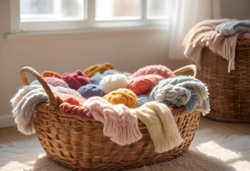 Obraz premium A cozy wicker basket filled with soft, fluffy colorful knitted throws , sitting in a warm, sunlit room with a blurred window in the background