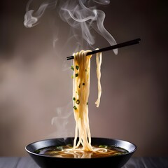 A gracefully falling ramen noodle, drifting delicately from above, captured in a mesmerizing still life photograph. The slender noodle is adorned with savory broth droplets.