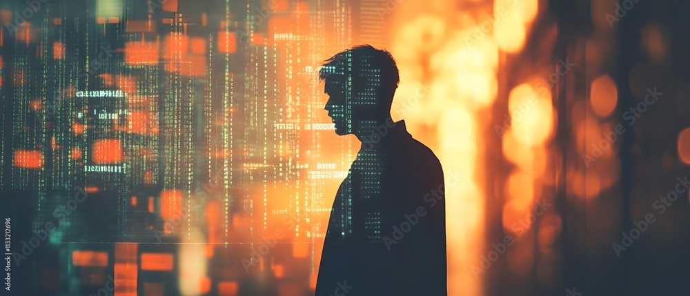 Aufkleber thoughtful silhouette of a person against an abstract digital background filled with bright orange a