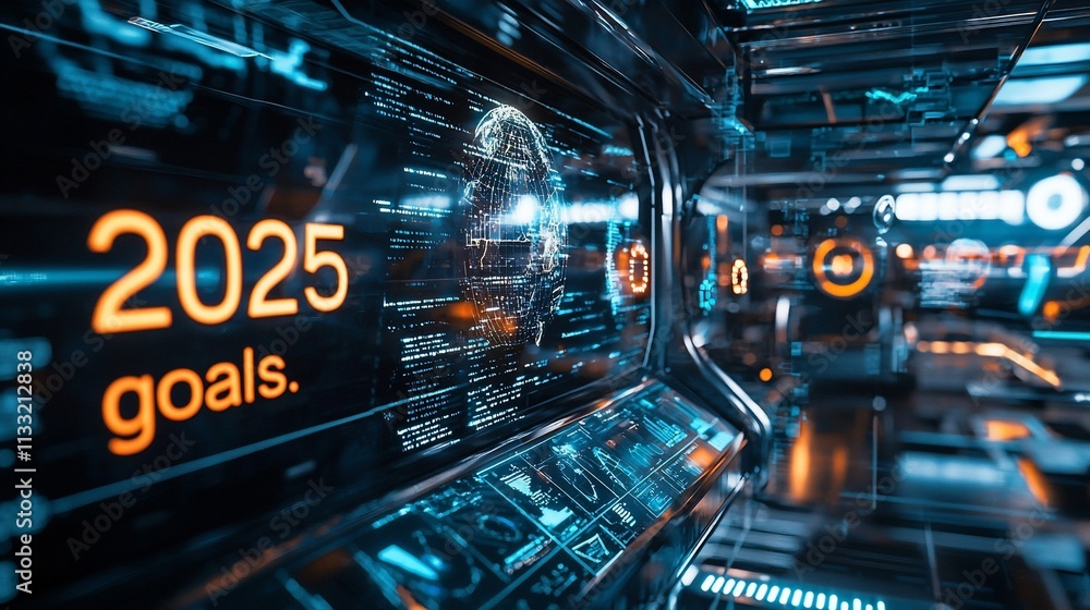 Poster futuristic interface showing 2025 goals.
