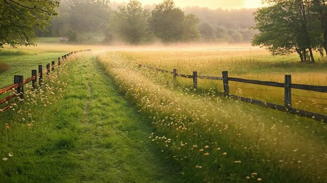 Morning fog clearing over dirt road and fence