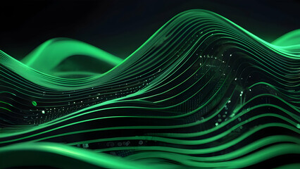 Abstract technology flow background. Futuristic green dot background with dynamic waves. 3D Rendering. 