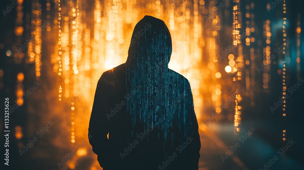 Poster Mysterious figure in a dark hoodie in a digital landscape of glowing numbers and abstract code representing technology and data manipulation concepts