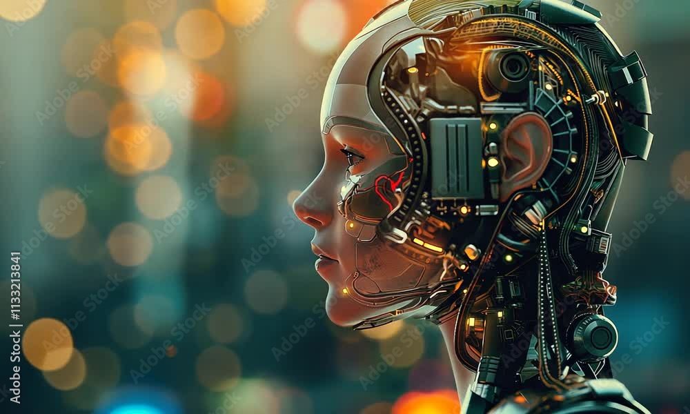 Poster head of a robotic android walking from right to left against blurred bokeh urban lights