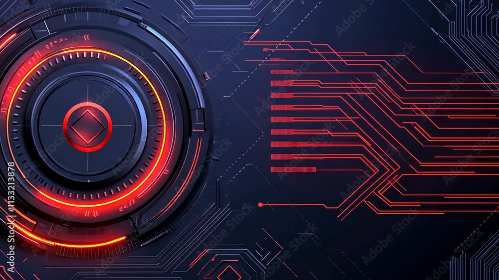 Poster digital technology backdrop featuring glowing red circuits and a central circular design conveying m