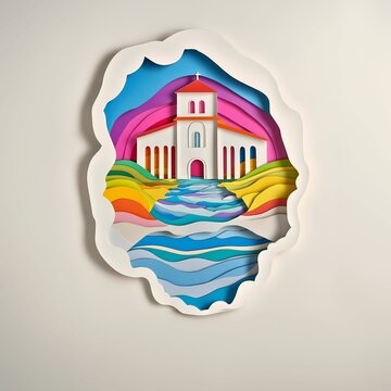Guidonia Montecelio, Italy, paper cut illustration - A paper cut of a church with a rainbow sky