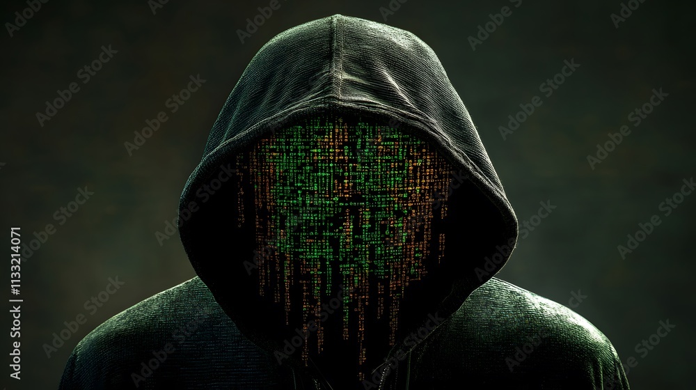 Poster Mysterious Figure in Hooded Jacket Surrounded by Digital Code Representing Cybersecurity and Hacking Concepts in a Dark Environment