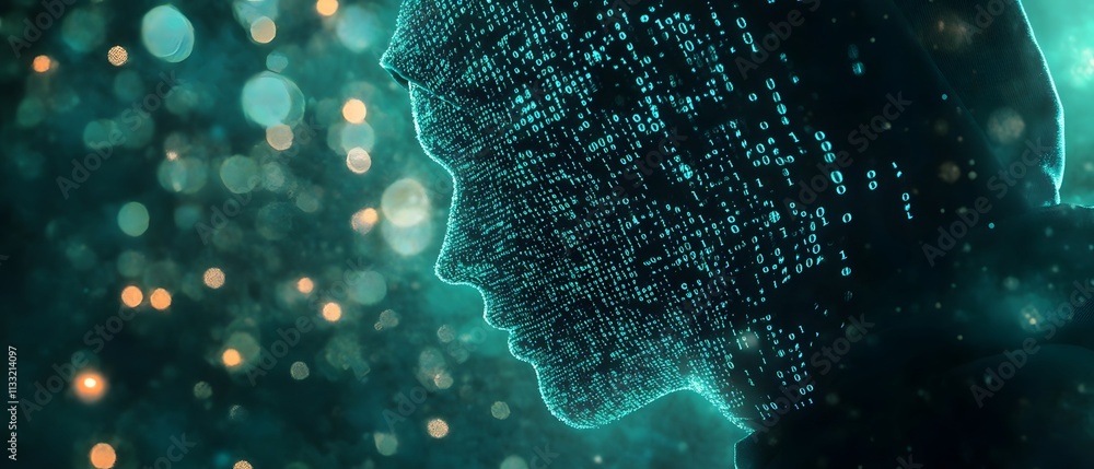 Fototapete Abstract Digital Representation of a Cybersecurity Concept with a Hooded Figure Surrounded by Streams of Binary Code and Mysterious Light Bokeh Effects