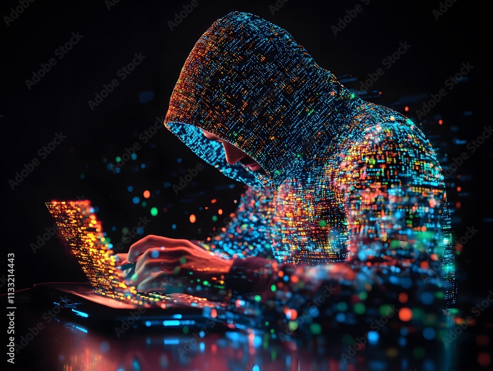 Aufkleber Abstract representation of a hooded figure engaged in cyber activities, showcasing dynamic digital effects and vibrant light patterns emanating from a laptop at night.