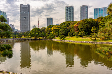 Fototapeta premium Hamarikyu gardens with skyscrapers at background in autumn, Tokyo, Japan