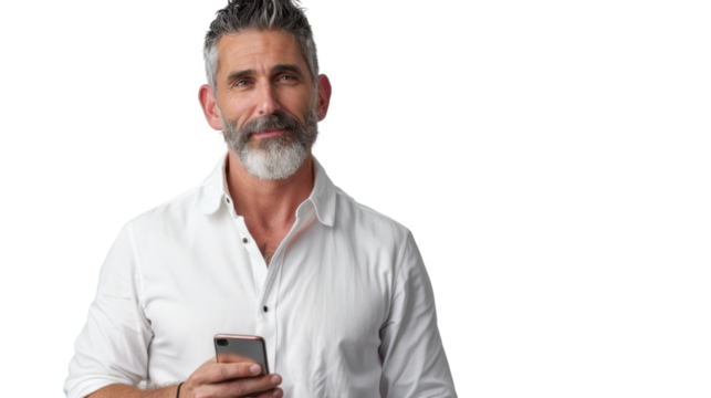 Portrait of  american middle age male holding mobile phone
