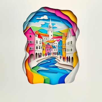 Leonding, Austria, paper cut illustration - A colorful city with a river and a church