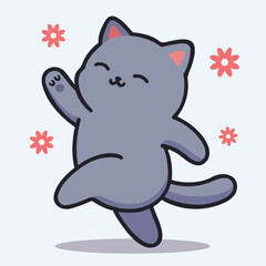 Obraz premium Happy Gray Cat Playful and Adorable Flat Vector Illustration