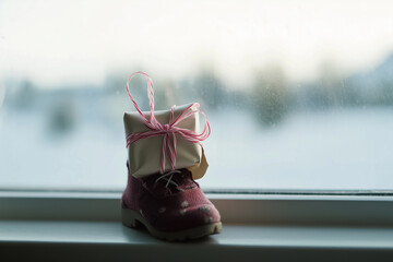 Child's shoe with a gift inside left by the Yule Lads, an Iceland Christmas tradition