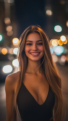 beautiful smiling woman wearing a fashionable outfit walking the busy city streets with bokeh lighting in the background