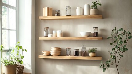 Modern shelves displaying various jars and plants in cozy space.