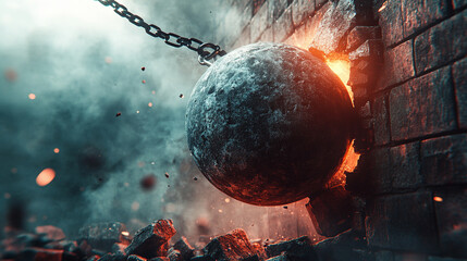 massive stone wrecking ball in motion, symbolizing destruction and power, breaking through brick walls, representing the force needed to overcome obstacles and break barriers