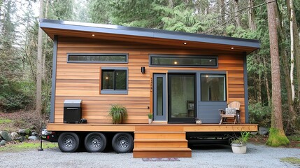 Modern tiny house on wheels surrounded by lush green forest.
