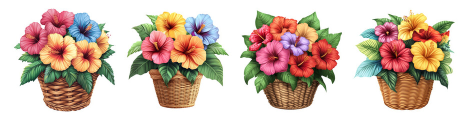 Obraz premium Colorful Hibiscus Flowers in Baskets on Transparent Background
