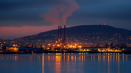 Fototapeta premium Night Industrial Landscape, Factory Lights Reflecting on Calm Water at Dusk