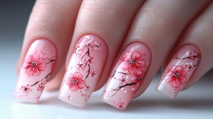 Close-up of woman's hands with elaborate nail art featuring delicate cherry blossoms and a soft ombre effect.
