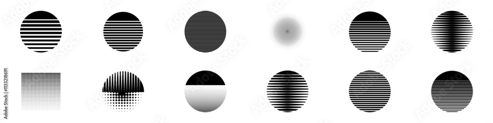 Poster ten geometric shapes featuring various line patterns and textures in black and white.