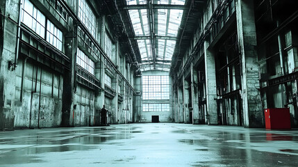 Vast Industrial Interior, Abandoned Factory Hall with Glass Roof and Wet Floor