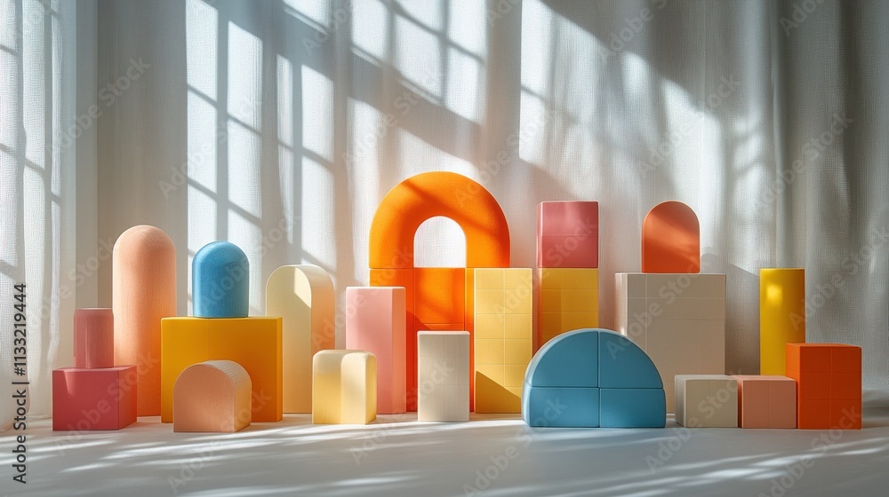 Poster colorful geometric shapes displayed in a bright room with soft shadows, creating a playful and creat