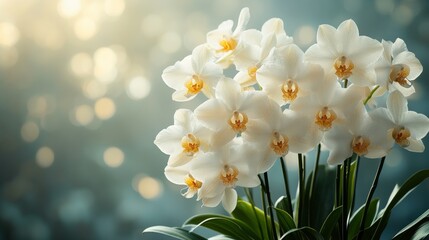 Fototapeta premium Elegant white orchids blooming gracefully in a serene setting with soft bokeh background creating a tranquil atmosphere for relaxation and decor.