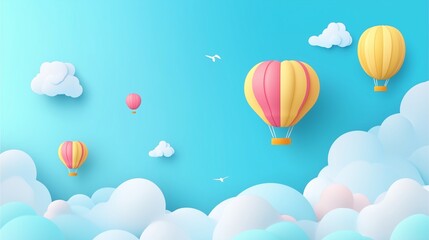 Obraz premium Colorful hot air balloons flying in a blue sky with fluffy clouds and heart-shaped designs
