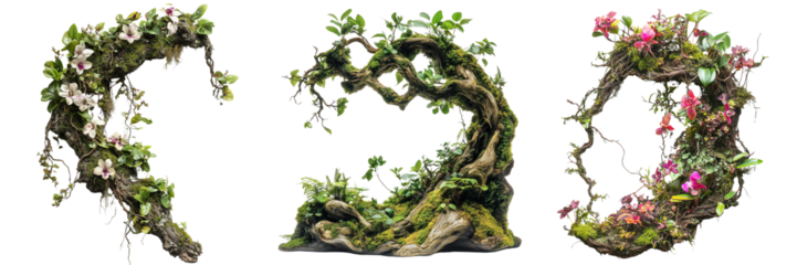 Lush vertical garden arrangement with orchids and greenery on a transparent background